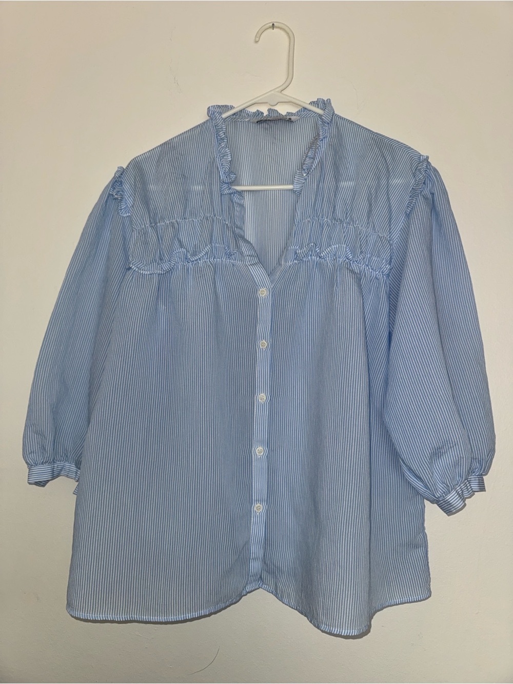 Zara Pale Blue Ruffled Button-Front Blouse - Picture 3 of 5